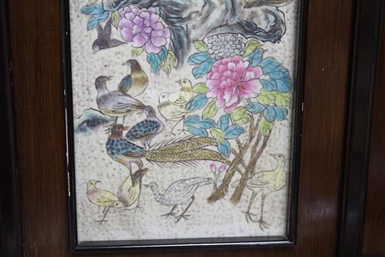 A pair of Chinese porcelain panels, painted with birds and inscribed, 73cm x 18cm